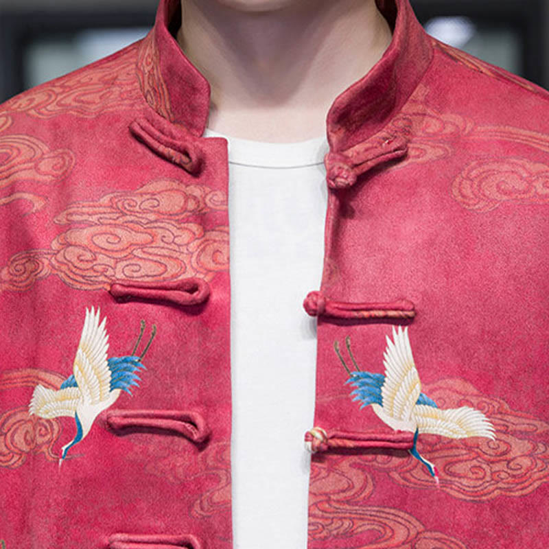 Buddha Stones Rana-Bottone Cinese Tang Suit Gru Personaggio Camicia Lunga Cotone Scamosciato Uomo Giacca Abbigliamento - image 23