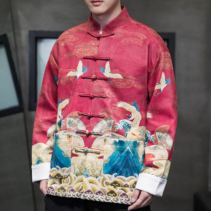 Buddha Stones Rana-Bottone Cinese Tang Suit Gru Personaggio Camicia Lunga Cotone Scamosciato Uomo Giacca Abbigliamento - image 22