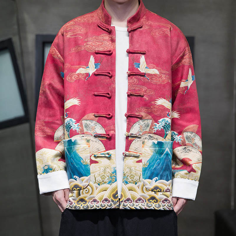 Buddha Stones Rana-Bottone Cinese Tang Suit Gru Personaggio Camicia Lunga Cotone Scamosciato Uomo Giacca Abbigliamento - image 21