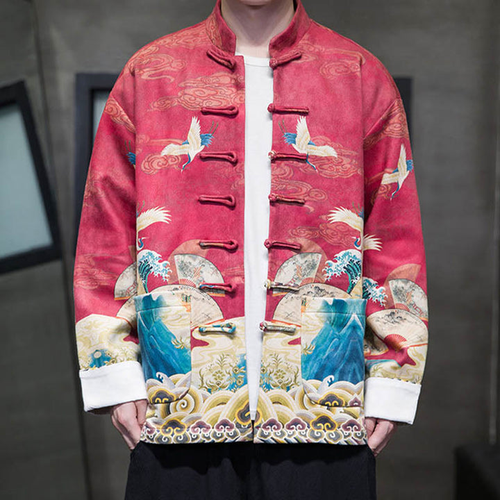 Buddha Stones Rana-Bottone Cinese Tang Suit Gru Personaggio Camicia Lunga Cotone Scamosciato Uomo Giacca Abbigliamento - image 21