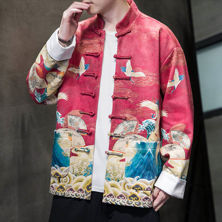 Buddha Stones Rana-Bottone Cinese Tang Suit Gru Personaggio Camicia Lunga Cotone Scamosciato Uomo Giacca Abbigliamento - image 18