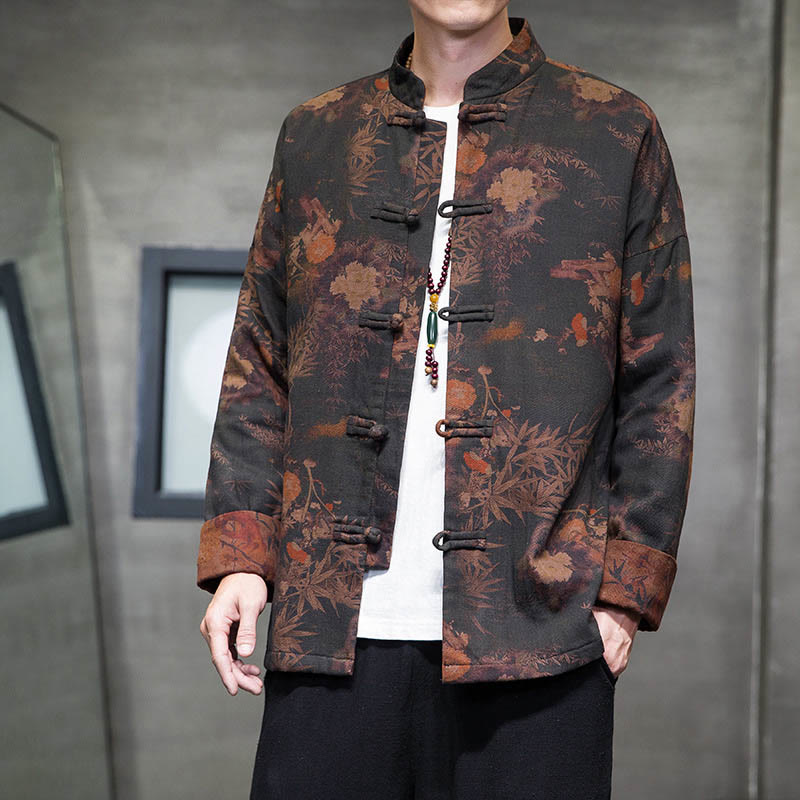 Buddha Stones Frog-Button Cinese Tang Suit Camicia Lunga Cotone Uomo Giacca Abbigliamento - Nero - US/UK/AU46, EU56 (5XL) - image 0