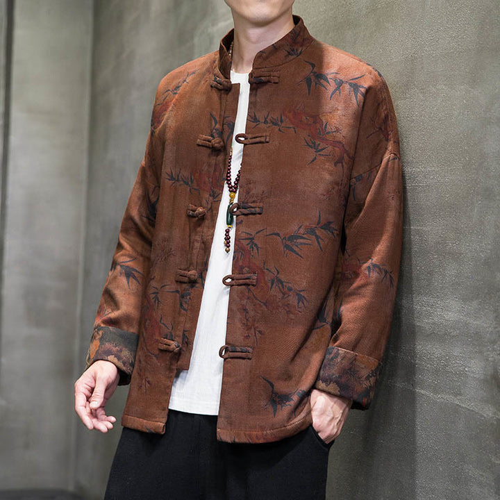 Buddha Stones Frog-Button Cinese Tang Suit Camicia Lunga Cotone Uomo Giacca Abbigliamento - Verga d'oro scura - US/UK/AU46, EU56 (5XL) - image 9