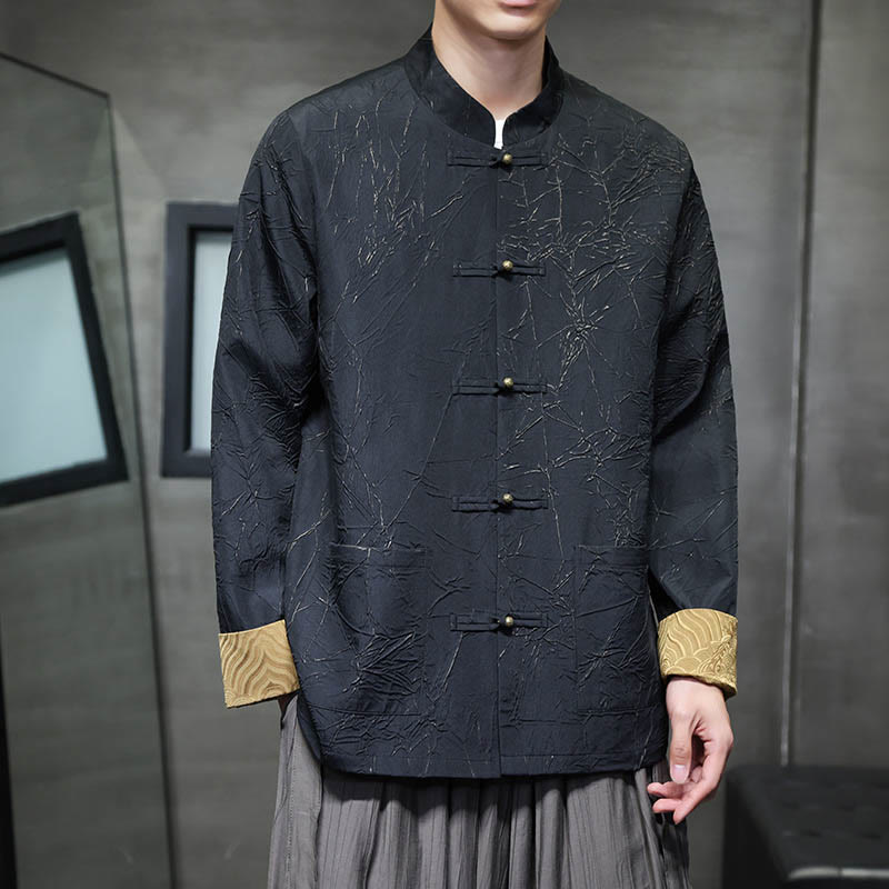 Buddha Stones Tang Suit Casual Frog-bottoni Manica Lunga Nylon Giacca Camicia Uomo Abbigliamento - Nero - US/UK/AU46, EU56 (5XL) - image 0
