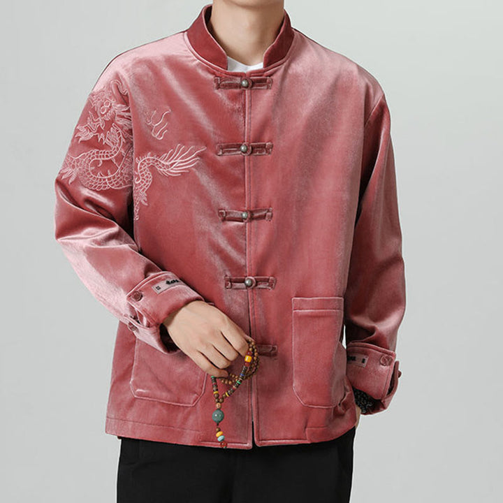 Buddha Stones Ricama Drago Casual Rana-bottoni Cotone Giacca Camicia Abbigliamento Uomo