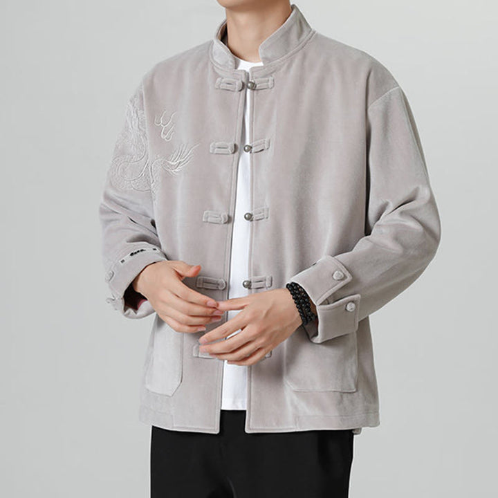 Buddha Stones Ricama Drago Casual Rana-bottoni Cotone Giacca Camicia Abbigliamento Uomo