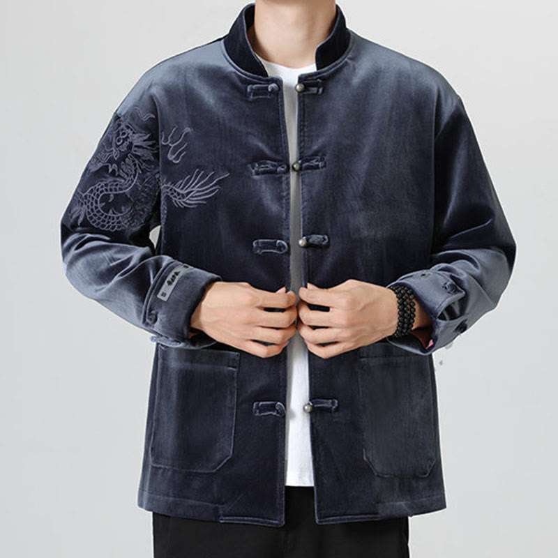 Buddha Stones Ricama Drago Casual Rana-bottoni Cotone Giacca Camicia Abbigliamento Uomo - image 29