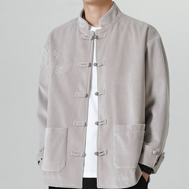 Buddha Stones Ricama Drago Casual Rana-bottoni Cotone Giacca Camicia Abbigliamento Uomo - 	Argento - US/UK/AU46, EU56 (5XL) - image 10