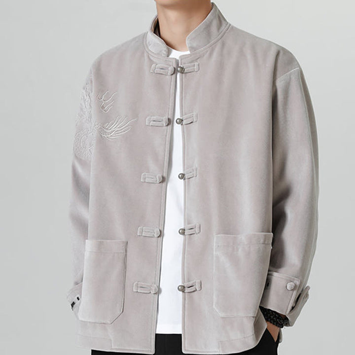 Buddha Stones Ricama Drago Casual Rana-bottoni Cotone Giacca Camicia Abbigliamento Uomo - 	Argento - US/UK/AU46, EU56 (5XL) - image 10