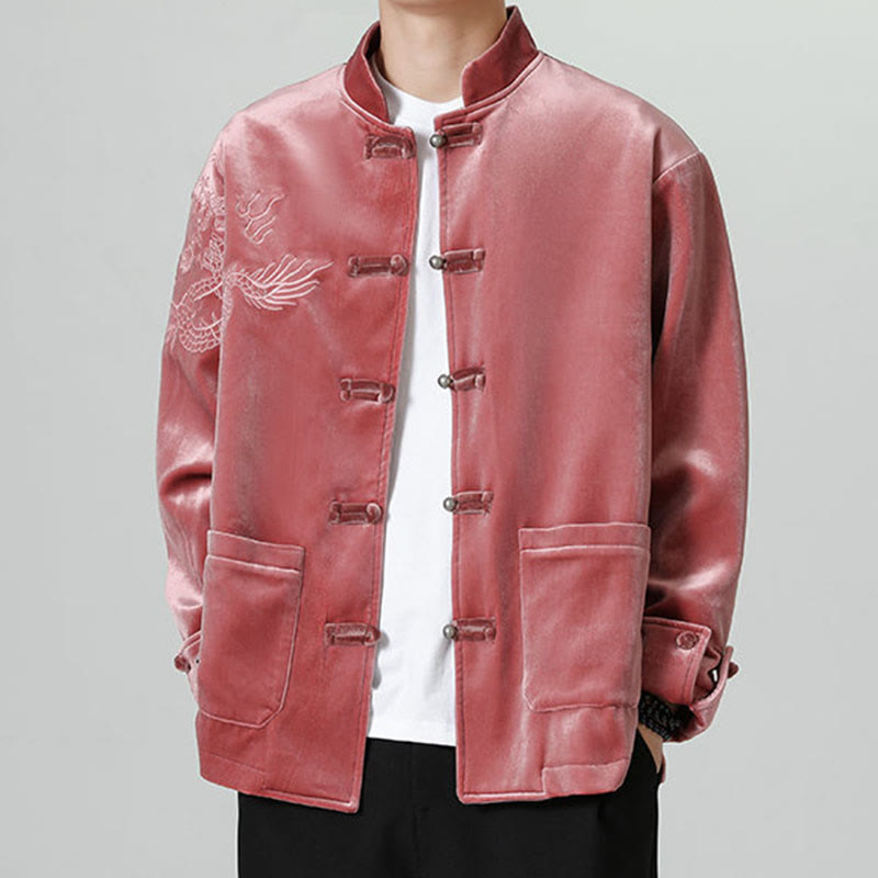 Buddha Stones Ricama Drago Casual Rana-bottoni Cotone Giacca Camicia Abbigliamento Uomo - Mattoni refrattari - US/UK/AU46, EU56 (5XL) - image 0