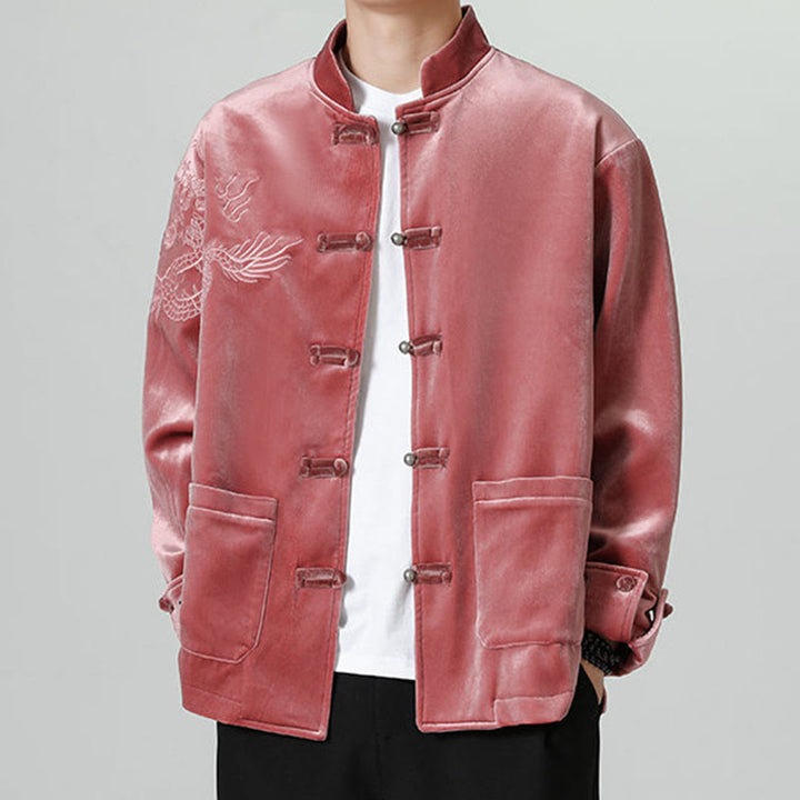 Buddha Stones Ricama Drago Casual Rana-bottoni Cotone Giacca Camicia Abbigliamento Uomo - Mattoni refrattari - US/UK/AU46, EU56 (5XL) - image 0