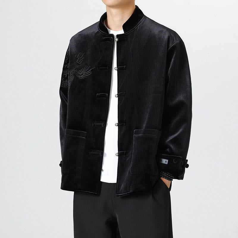 Buddha Stones Ricama Drago Casual Rana-bottoni Cotone Giacca Camicia Abbigliamento Uomo - Nero - US/UK/AU46, EU56 (5XL) - image 18