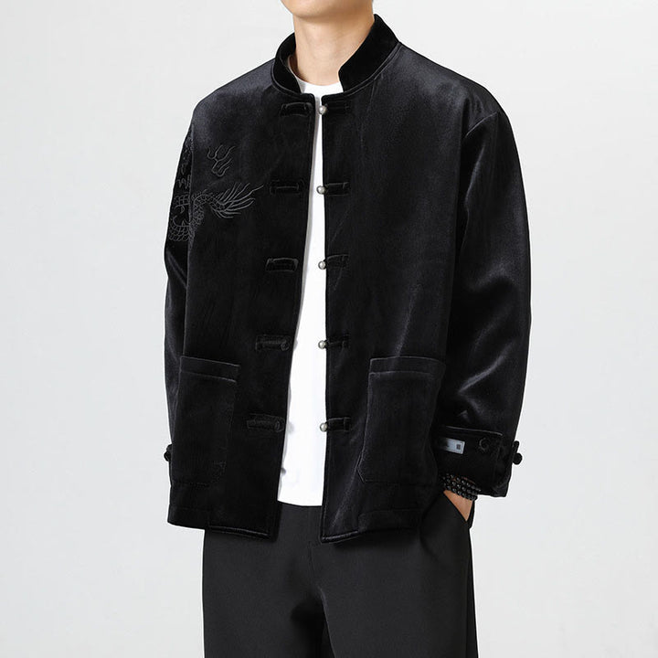 Buddha Stones Ricama Drago Casual Rana-bottoni Cotone Giacca Camicia Abbigliamento Uomo - Nero - US/UK/AU46, EU56 (5XL) - image 18