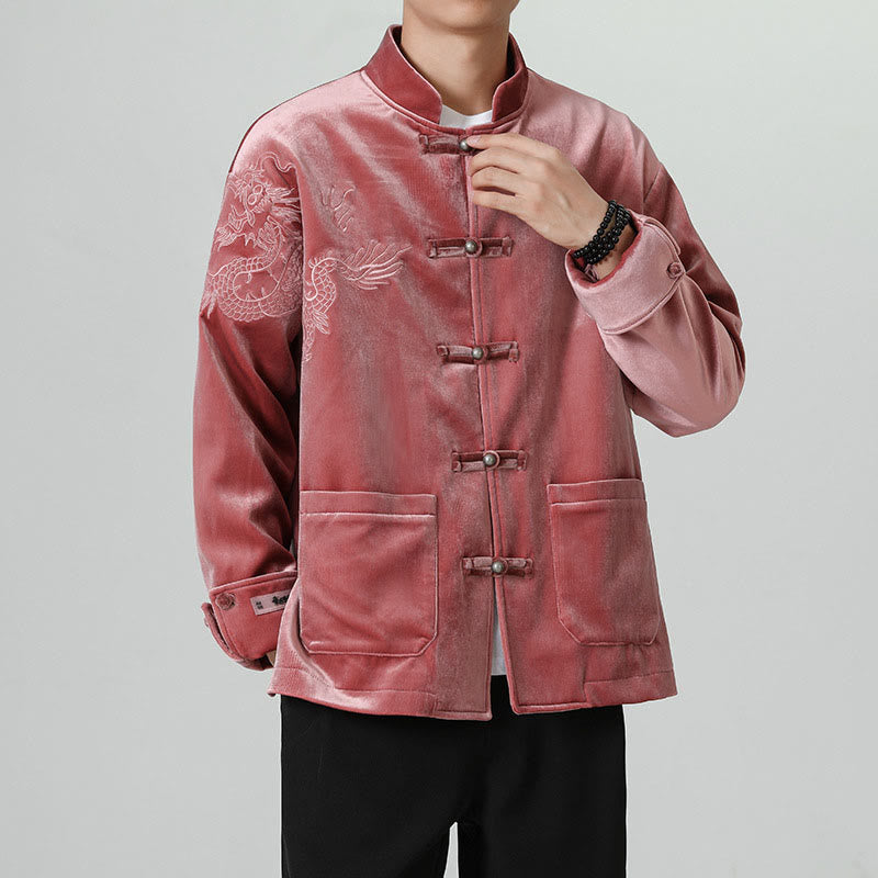 Buddha Stones Ricama Drago Casual Rana-bottoni Cotone Giacca Camicia Abbigliamento Uomo