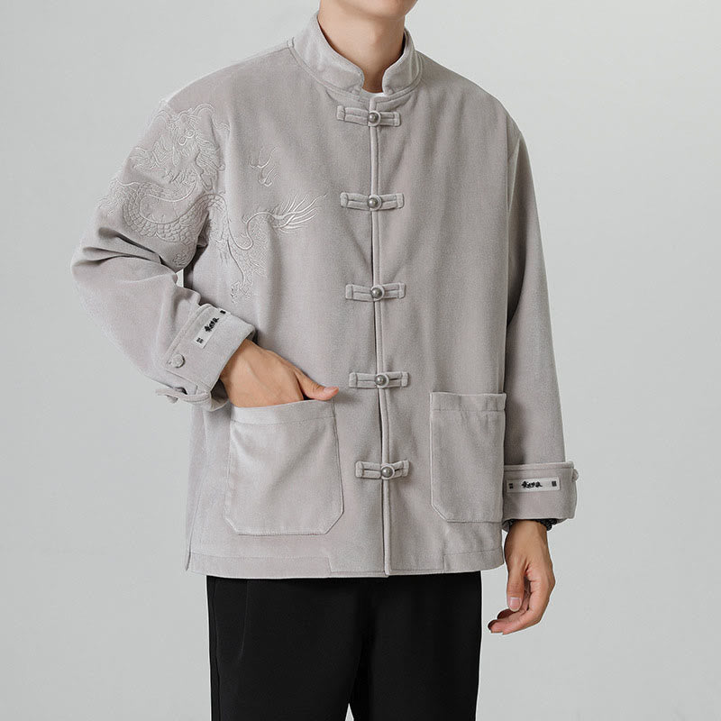 Buddha Stones Ricama Drago Casual Rana-bottoni Cotone Giacca Camicia Abbigliamento Uomo