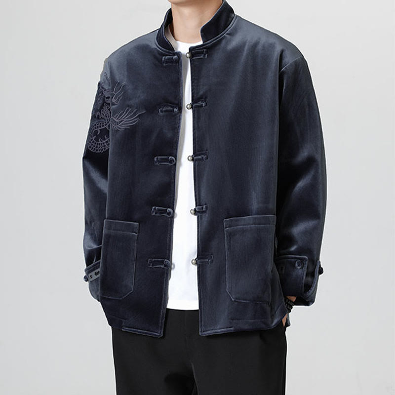 Buddha Stones Ricama Drago Casual Rana-bottoni Cotone Giacca Camicia Abbigliamento Uomo - Blu notte - US/UK/AU46, EU56 (5XL) - image 25