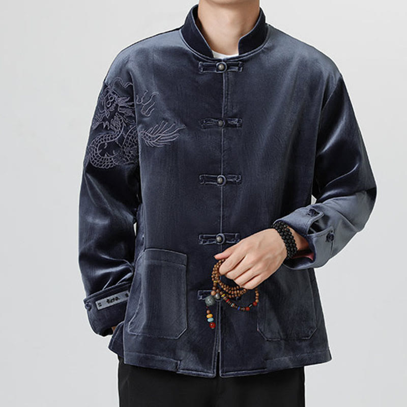 Buddha Stones Ricama Drago Casual Rana-bottoni Cotone Giacca Camicia Abbigliamento Uomo - image 31