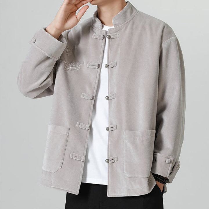Buddha Stones Ricama Drago Casual Rana-bottoni Cotone Giacca Camicia Abbigliamento Uomo