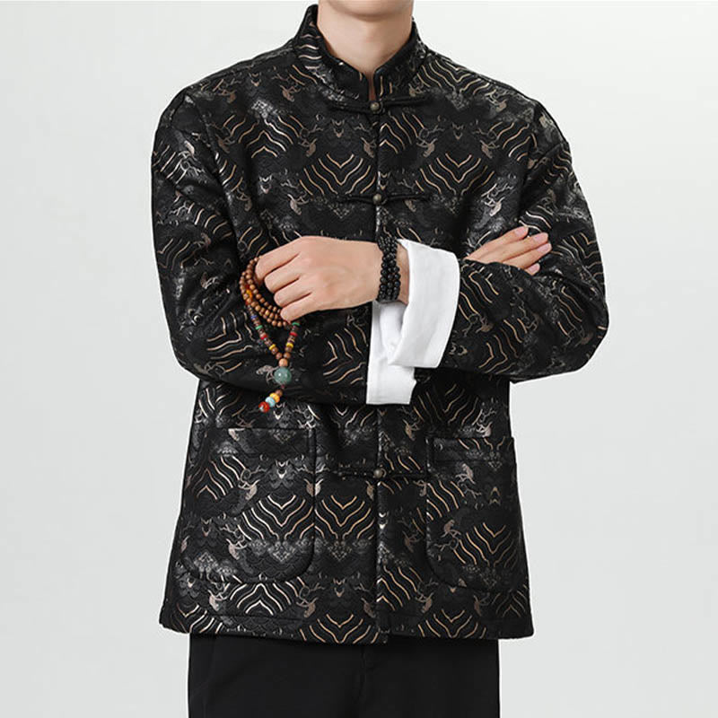 Buddha Stones Frog-Button Cinese Tang Suit Forma d'onda Camicia lunga Uomo Giacca Abbigliamento - image 1