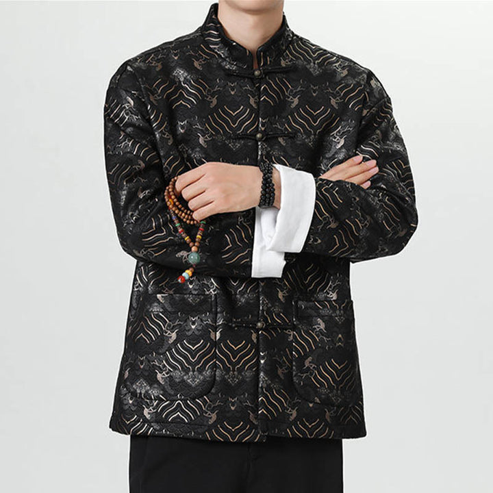 Buddha Stones Frog-Button Cinese Tang Suit Forma d'onda Camicia lunga Uomo Giacca Abbigliamento - image 1