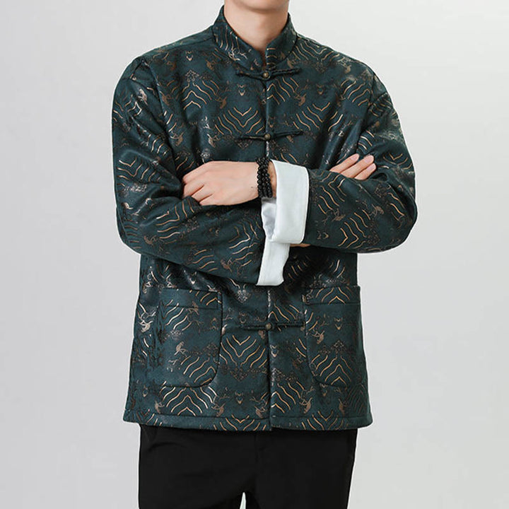 Buddha Stones Frog-Button Cinese Tang Suit Forma d'onda Camicia lunga Uomo Giacca Abbigliamento - image 16