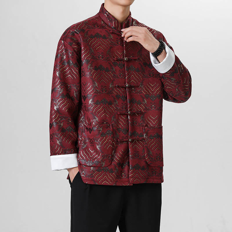 Buddha Stones Frog-Button Cinese Tang Suit Forma d'onda Camicia lunga Uomo Giacca Abbigliamento - Rosso scuro - US/UK/AU46, EU56 (5XL) - image 7