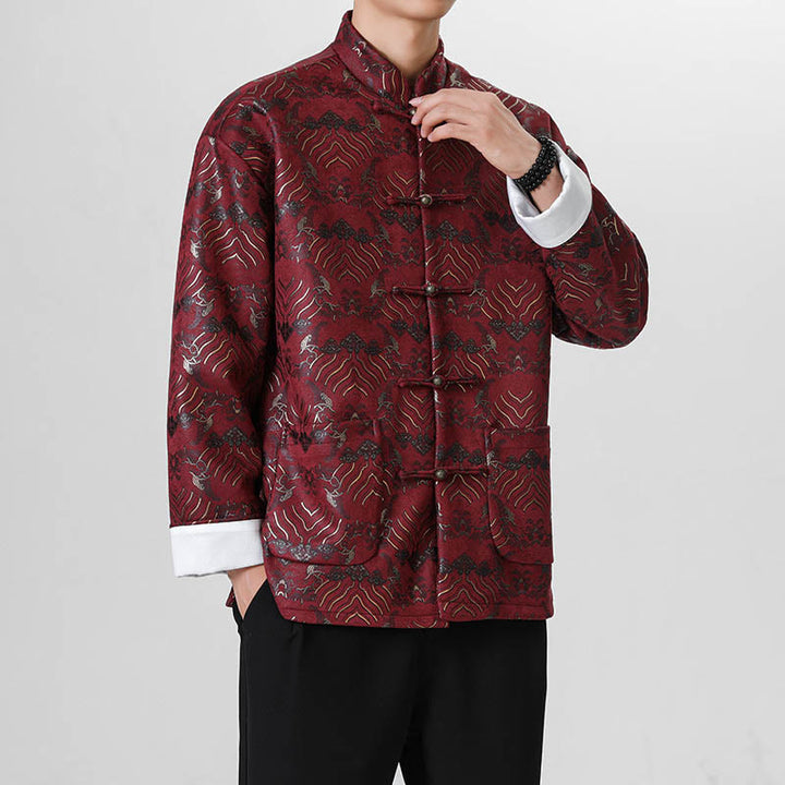 Buddha Stones Frog-Button Cinese Tang Suit Forma d'onda Camicia lunga Uomo Giacca Abbigliamento - Rosso scuro - US/UK/AU46, EU56 (5XL) - image 7