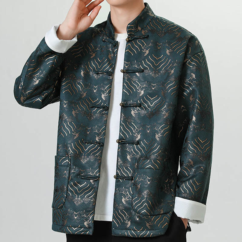 Buddha Stones Frog-Button Cinese Tang Suit Forma d'onda Camicia lunga Uomo Giacca Abbigliamento - Verde acqua - US/UK/AU46, EU56 (5XL) - image 12