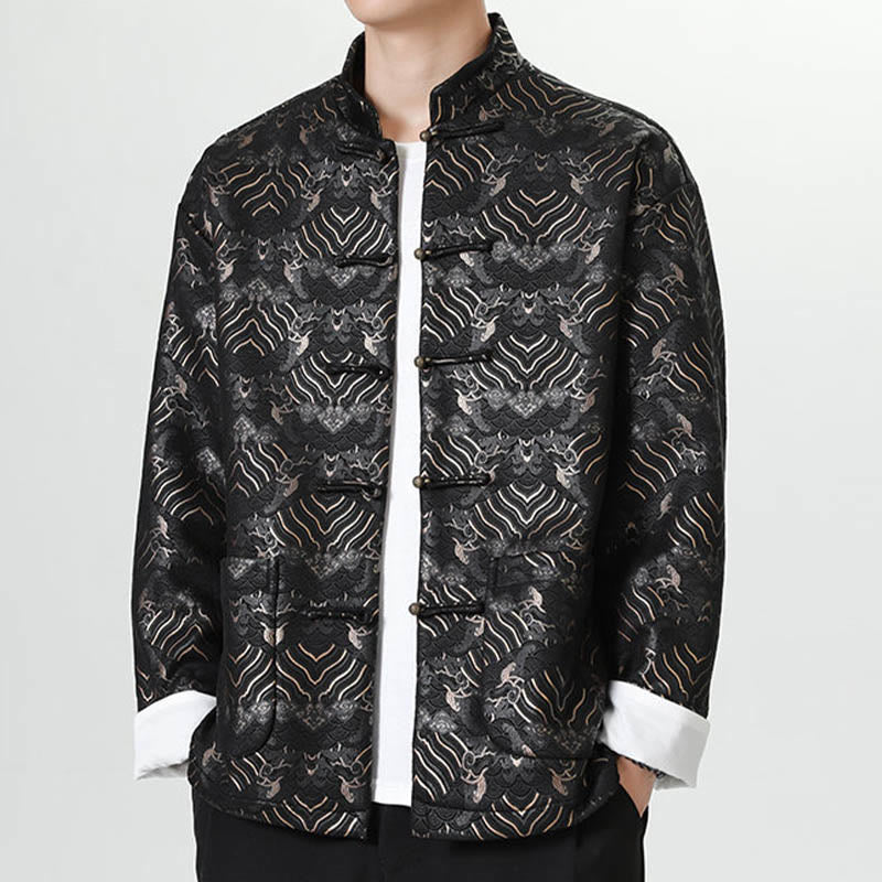 Buddha Stones Frog-Button Cinese Tang Suit Forma d'onda Camicia lunga Uomo Giacca Abbigliamento - image 4