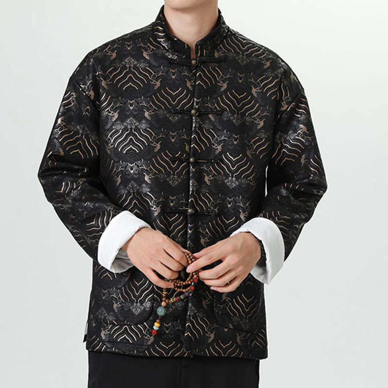 Buddha Stones Frog-Button Cinese Tang Suit Forma d'onda Camicia lunga Uomo Giacca Abbigliamento - image 4