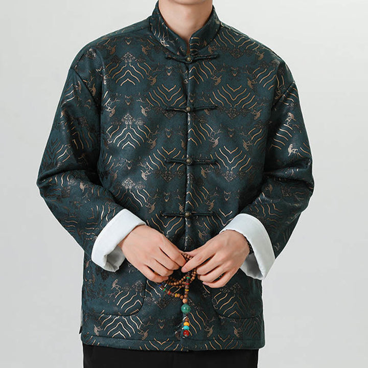 Buddha Stones Frog-Button Cinese Tang Suit Forma d'onda Camicia lunga Uomo Giacca Abbigliamento - image 14