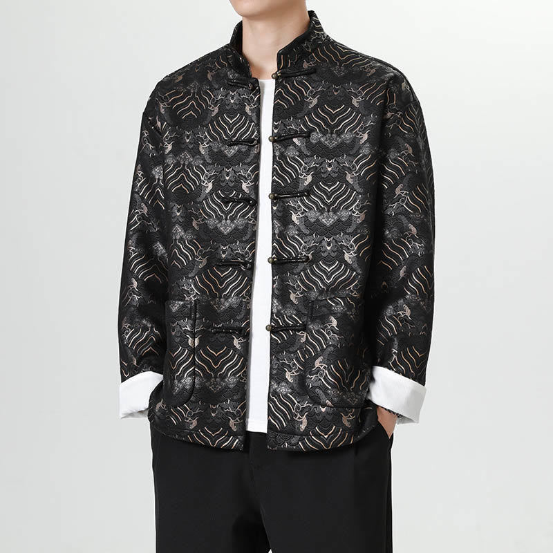 Buddha Stones Frog-Button Cinese Tang Suit Forma d'onda Camicia lunga Uomo Giacca Abbigliamento - Nero - US/UK/AU46, EU56 (5XL) - image 1