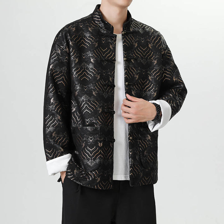 Buddha Stones Frog-Button Cinese Tang Suit Forma d'onda Camicia lunga Uomo Giacca Abbigliamento - image 3