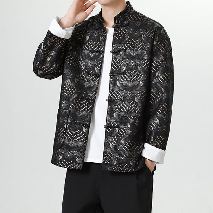 Buddha Stones Frog-Button Cinese Tang Suit Forma d'onda Camicia lunga Uomo Giacca Abbigliamento - image 5