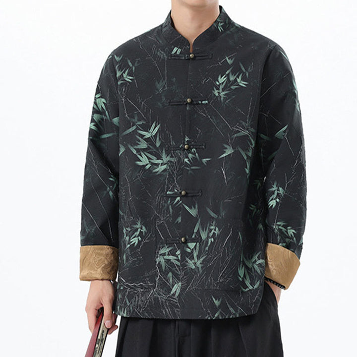 Giacca da uomo in spandex con bottoni casual in bambù e stampa Buddha Stones , abbigliamento da camicia