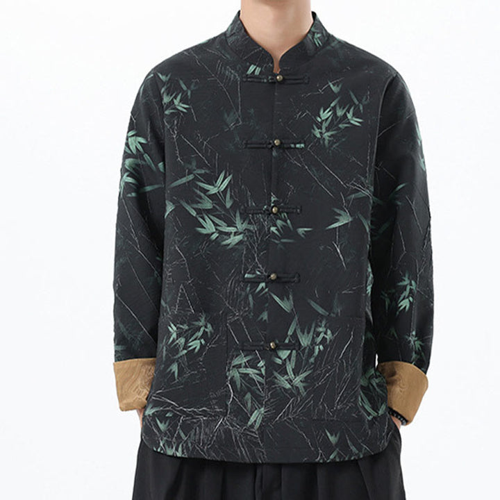 Giacca da uomo in spandex con bottoni casual in bambù e stampa Buddha Stones , abbigliamento da camicia