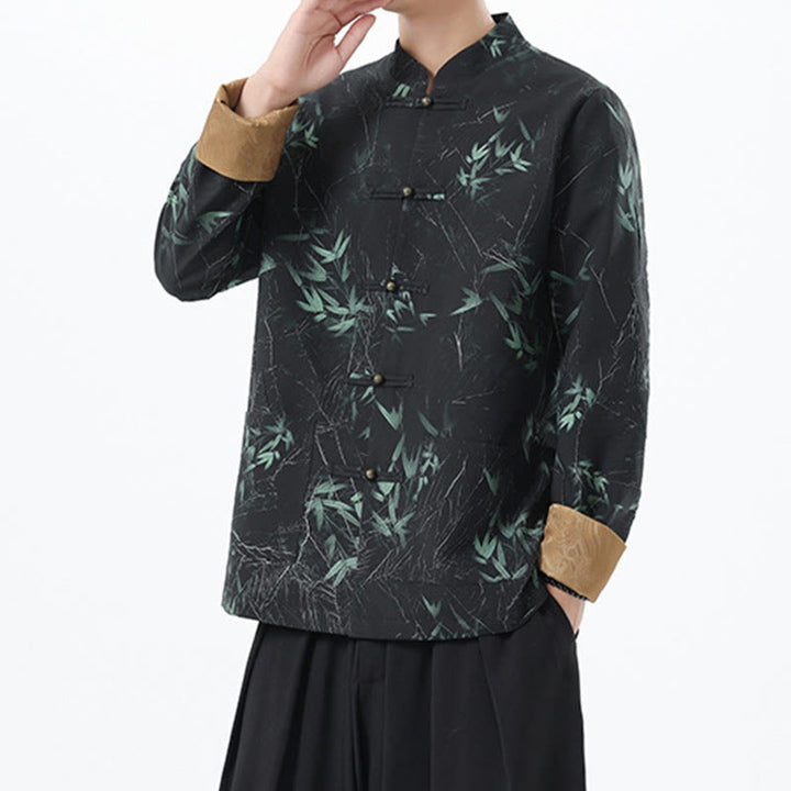 Giacca da uomo in spandex con bottoni casual in bambù e stampa Buddha Stones , abbigliamento da camicia