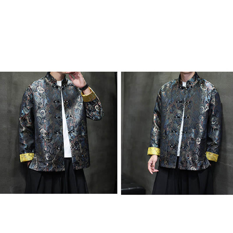 Buddha Stones Frog-Button Cinese Tang Suit Stand Collar Camicia Lunga Uomo Giacca Abbigliamento - image 7