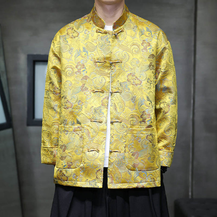 Buddha Stones Frog-Button Cinese Tang Suit Stand Collar Camicia Lunga Uomo Giacca Abbigliamento - Oro - US/UK/AU46, EU56 (5XL) - image 18