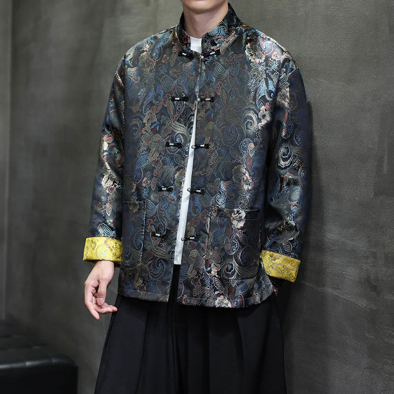 Buddha Stones Frog-Button Cinese Tang Suit Stand Collar Camicia Lunga Uomo Giacca Abbigliamento - image 2