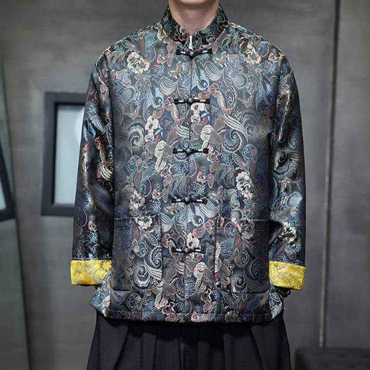 Buddha Stones Frog-Button Cinese Tang Suit Stand Collar Camicia Lunga Uomo Giacca Abbigliamento - Blu Reale - US/UK/AU46, EU56 (5XL) - image 1