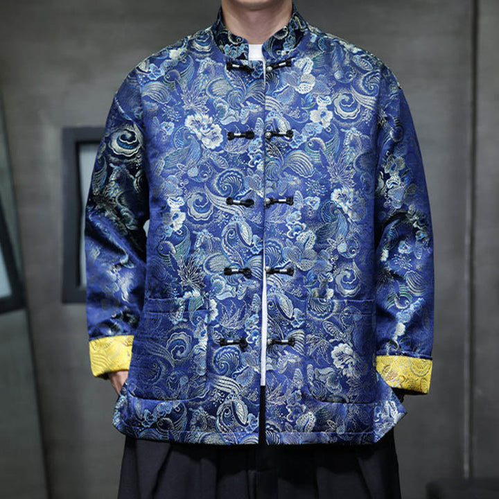 Buddha Stones Frog-Button Cinese Tang Suit Stand Collar Camicia Lunga Uomo Giacca Abbigliamento - Blu medio - US/UK/AU46, EU56 (5XL) - image 25