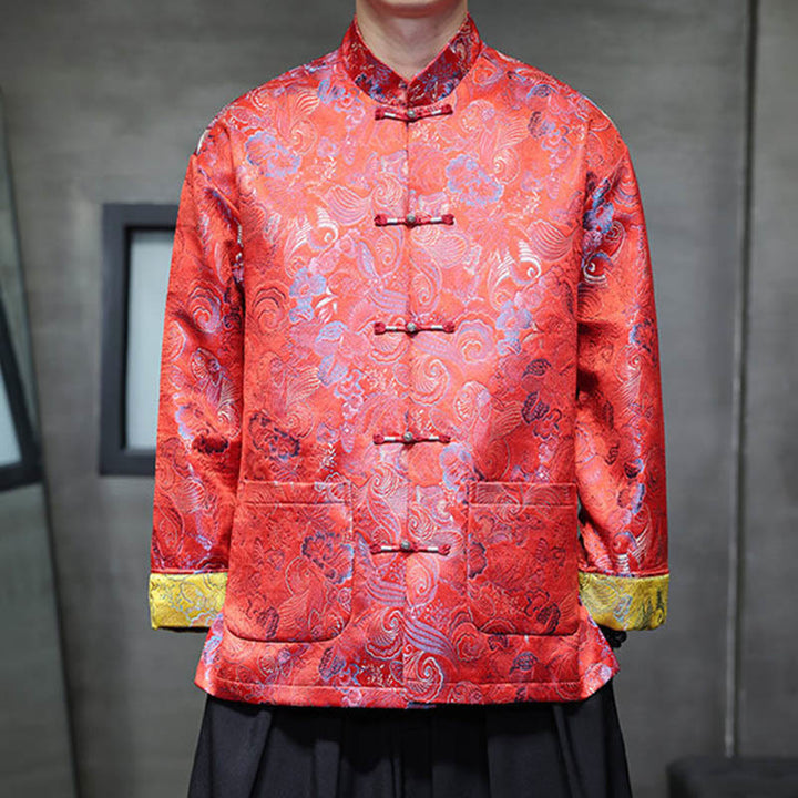 Buddha Stones Frog-Button Cinese Tang Suit Stand Collar Camicia Lunga Uomo Giacca Abbigliamento - Arancione Rosso - US/UK/AU46, EU56 (5XL) - image 8