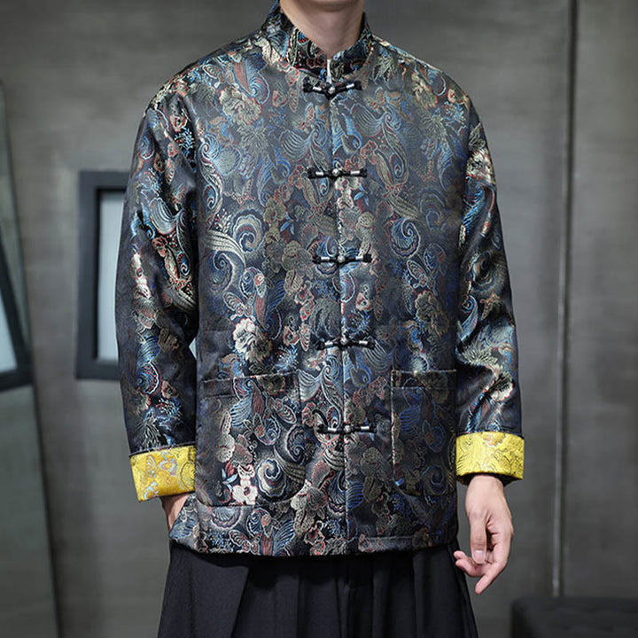 Buddha Stones Frog-Button Cinese Tang Suit Stand Collar Camicia Lunga Uomo Giacca Abbigliamento - image 4
