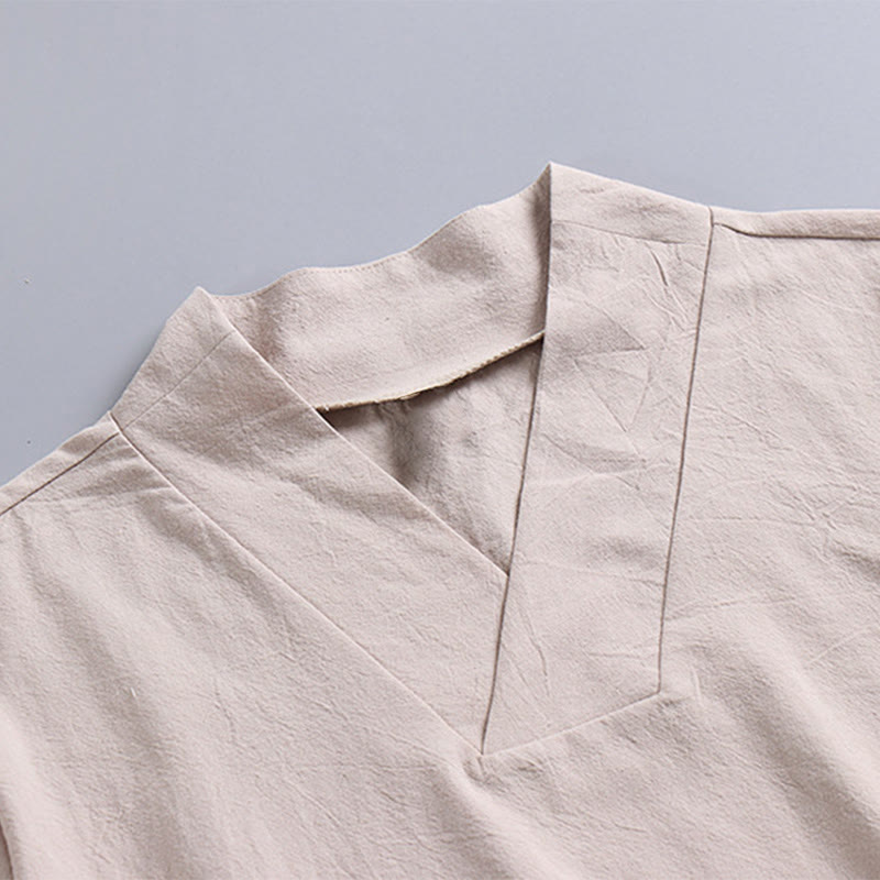 Maglietta da uomo Buddha Stones Loose, tinta unita, manica corta, collo a V, traspirante, in lino - image 6