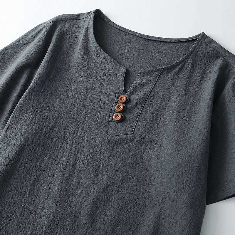 T-shirt da uomo Buddha Stones, tinta unita, maniche corte, scollo a V con tre bottoni, camicia morbida - image 2