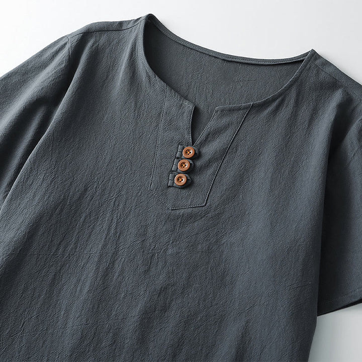 T-shirt da uomo Buddha Stones, tinta unita, maniche corte, scollo a V con tre bottoni, camicia morbida - image 2