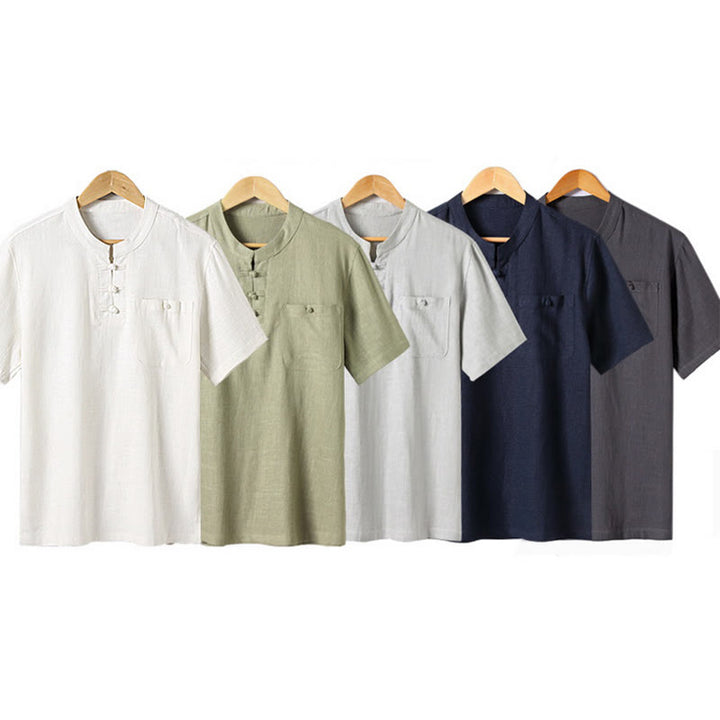 Camicia da uomo ampia Buddha Stones , tinta unita, collo a tacca, manica corta, comoda, traspirante, in cotone e lino
