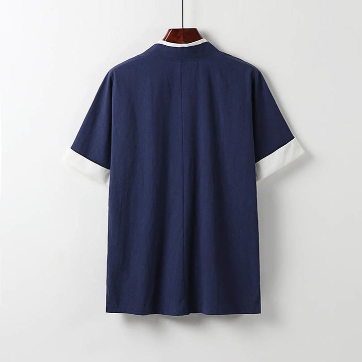 Kimono Hanfu da uomo a due pezzi con maniche corte e ricami, in cotone confortevole, con finte Buddha Stones. - image 3