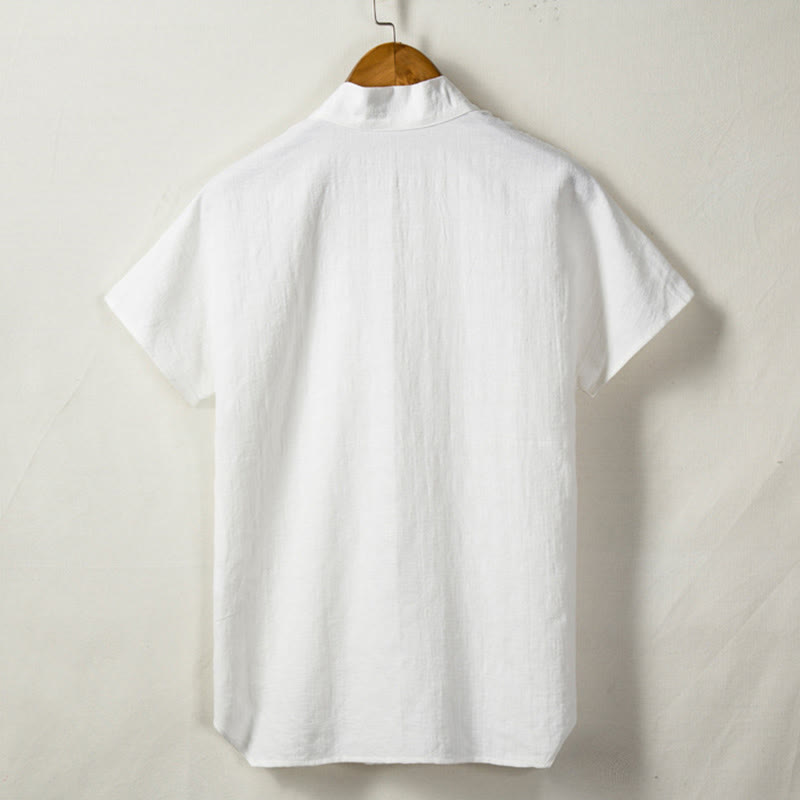 Camicia da uomo a maniche corte con taschino e scollo a V, in cotone e lino, Buddha Stones. - image 3